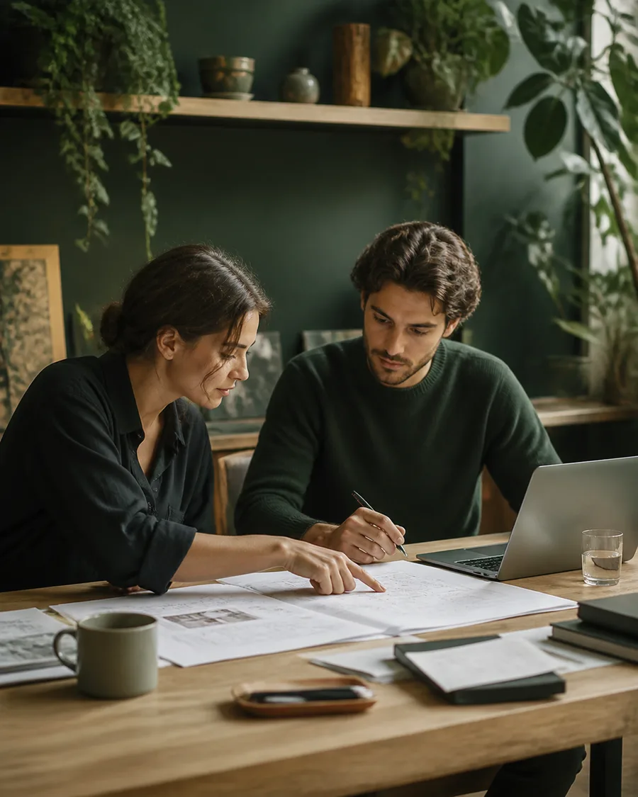 Two colleagues carefully reviewing a plan before a decision