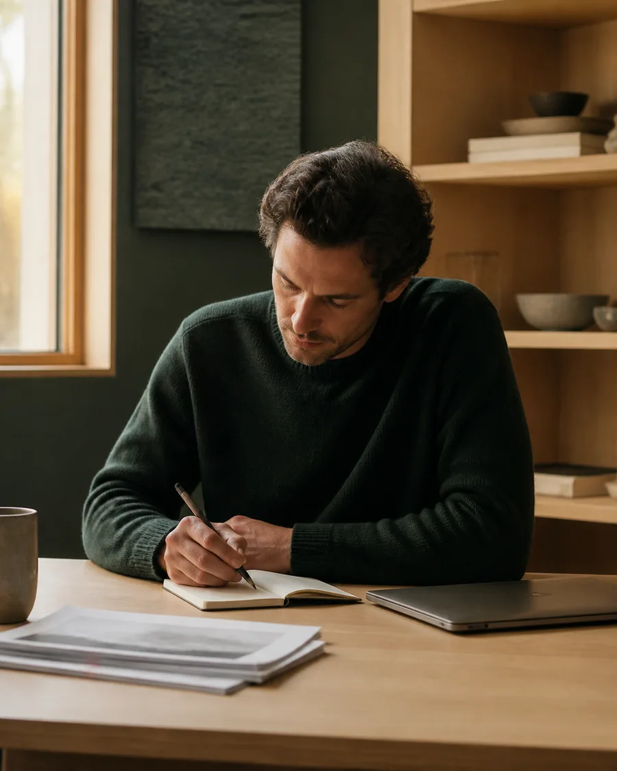 A person developing an idea privately in a notebook